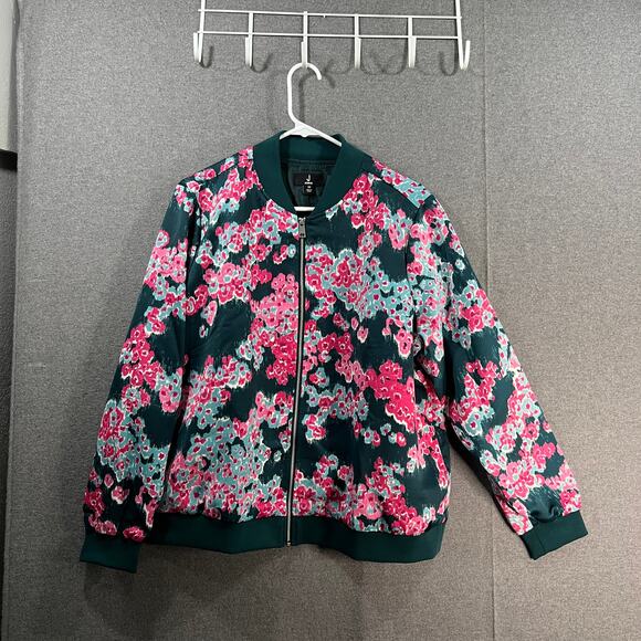 J Jason Wu Printed Abstract Floral Bomber Jacket Teal Abstract Size Medium - Picture 1 of 8